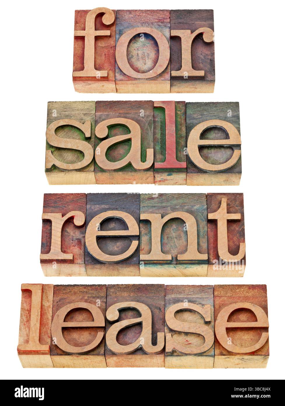 For sale, rent, lease - a collage of isolated words in vintage wood ...