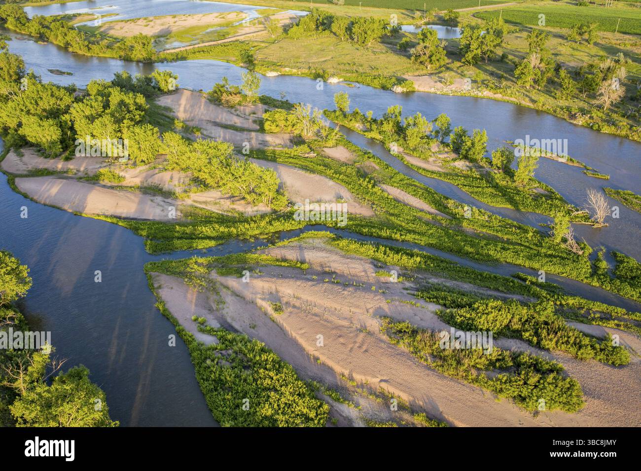 Shallow and braided South Platte River in Nebraska at Brule, aerial ...