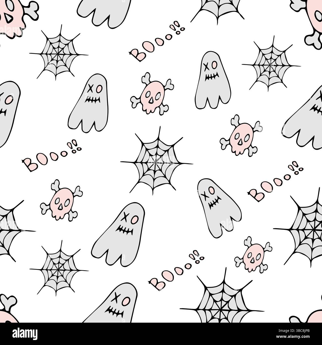 Seamless halloween pattern with ghost and bat, spider on light background, vector Stock Vector