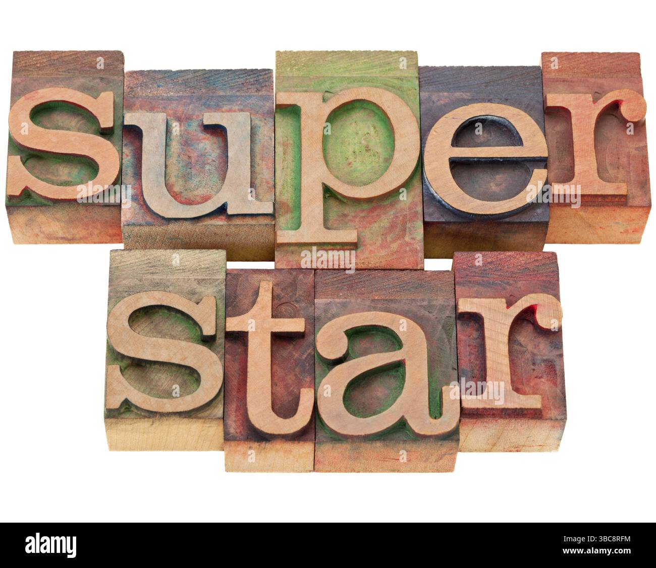 Celebrity concept - superstar word in vintage wood letterpress printing blocks, isolated on white Stock Photo