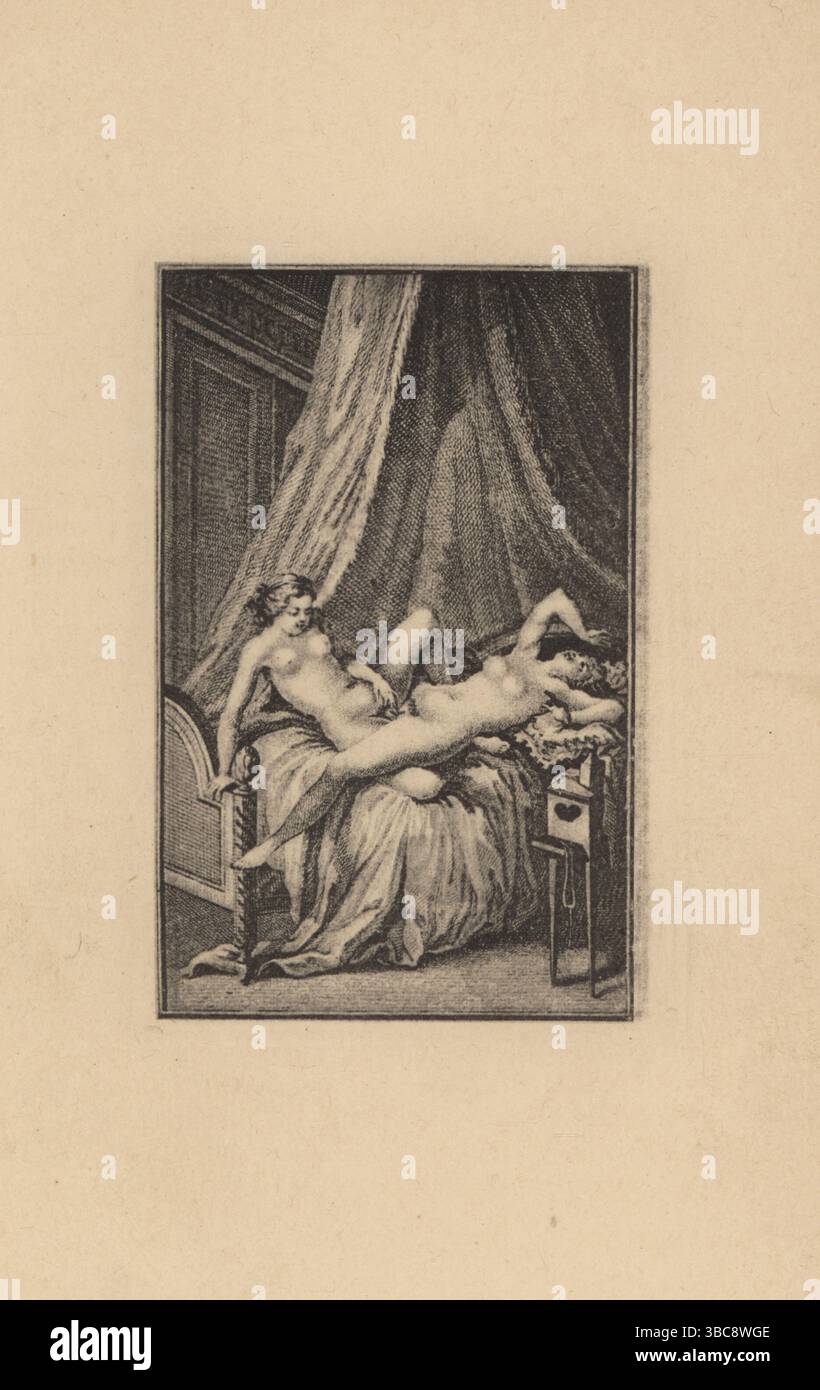 Suzon and Monique having sex on a canopy bed. Two naked women scissoring in a tiny bedroom. Suzon et Monique. Photogravure after a copperplate engraving by Francois-Rolland Elluin after an illustration by Antoine Borel from Jean-Charles Gervaise de Latouche’s Memoiren des Saturnin, Le Portier des Chartreux, Bimini, Berlin, 1920. Stock Photo