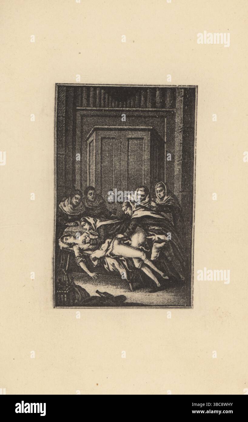 Monks in habits having a debauched orgy. One monk screws a woman on a bench while another monk enters him from the rear. Other monks drink wine from bottles as they watch. Supper in the organ room. Souper dans les orgues. Photogravure after a copperplate engraving by Francois-Rolland Elluin after an illustration by Antoine Borel from Jean-Charles Gervaise de Latouche’s Memoiren des Saturnin, Le Portier des Chartreux, Bimini, Berlin, 1920. Stock Photo