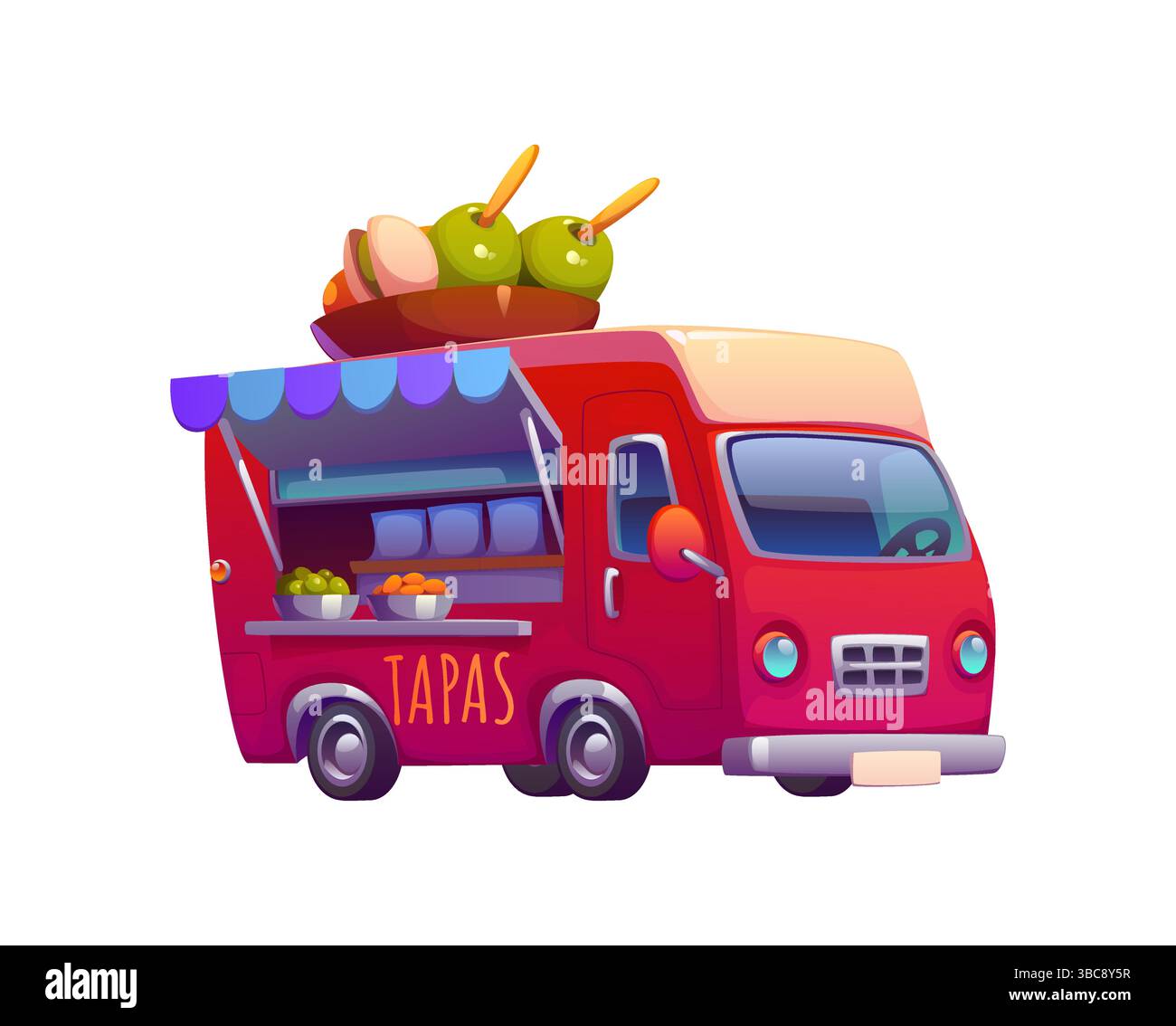Cartoon street food truck with tapas snacks or vintage festival ...