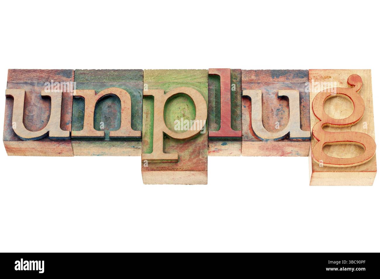 Unplug - lifestyle or information overload concept - isolated text in letterpress woodtype Stock Photo