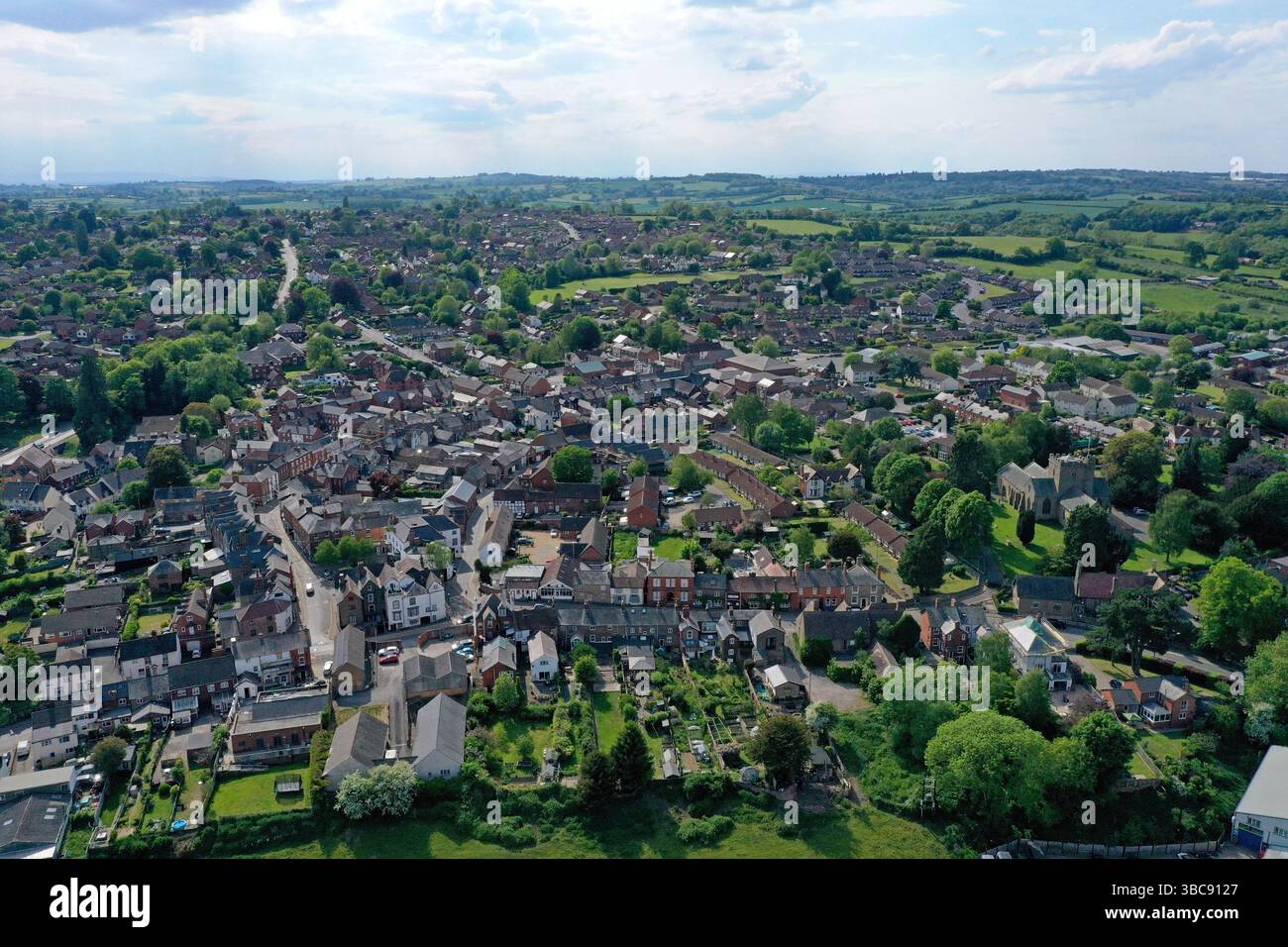 Aerial drone view of the town of Bromyard, Herefordshire, May 2025 Stock Photo