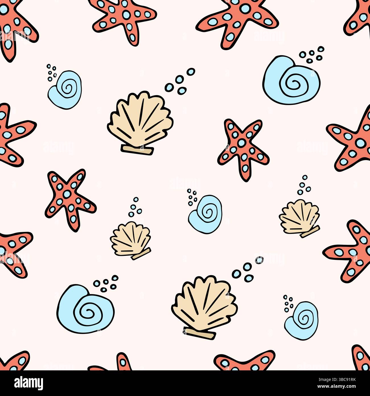 Seamless pattern with shells, fish, jellyfish on a light background, vector Stock Vector