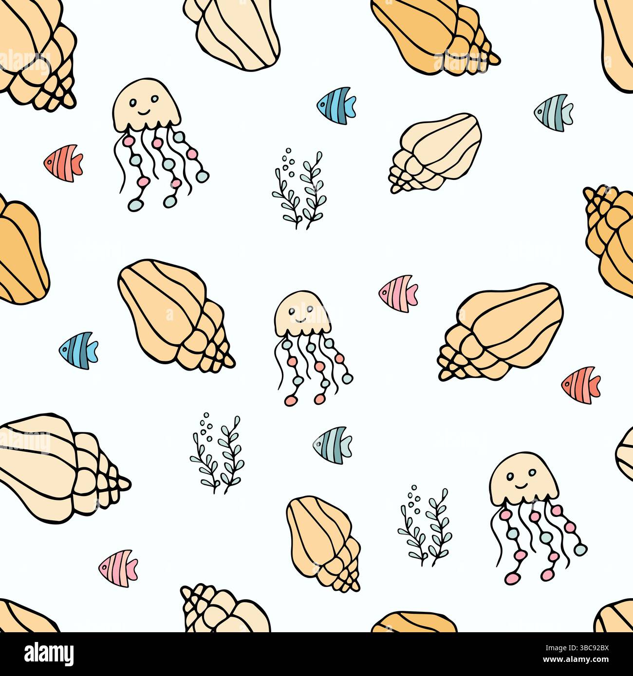 Seamless pattern with shells, fish, jellyfish on a light background, vector Stock Vector