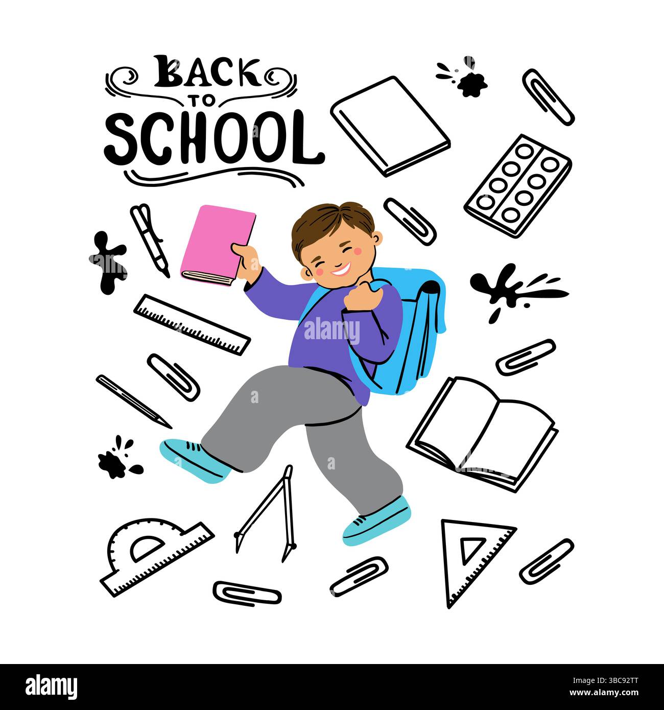 Student surrounded by doodle school supplies Stock Vector