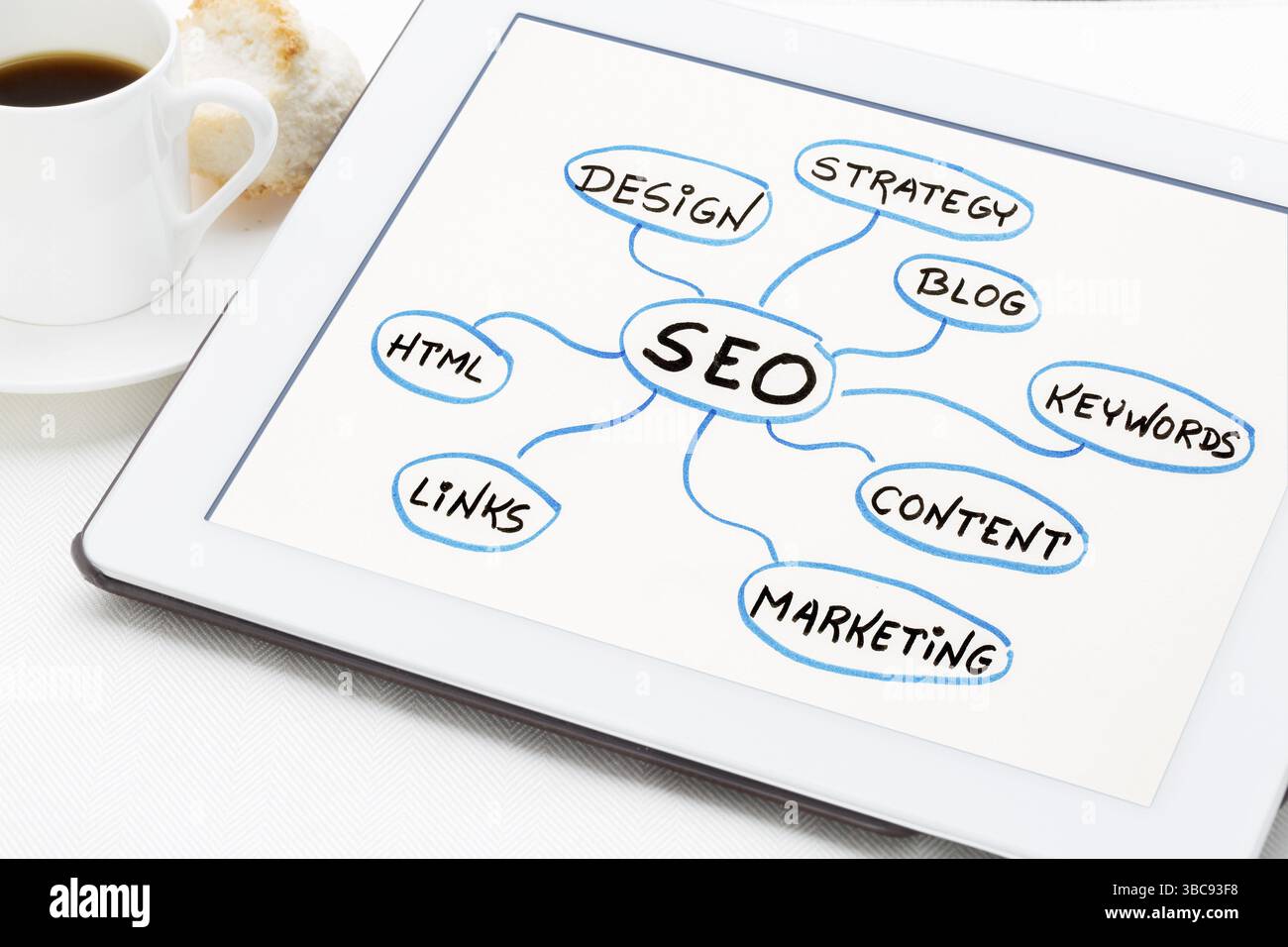 SEO - search engine optimization concept or mind map on a digital tablet with a cup of coffee Stock Photo