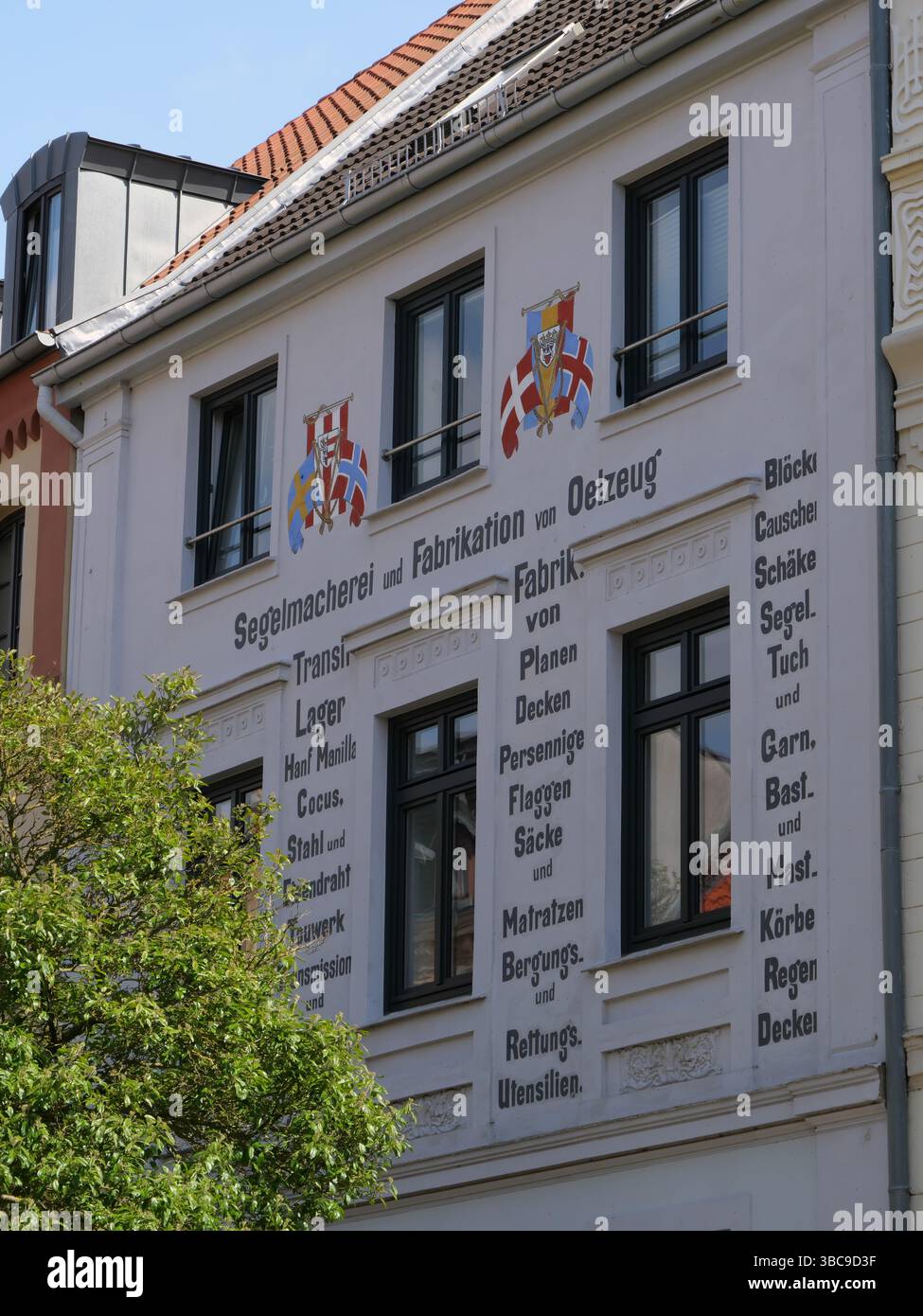 Old sailmaker's workshop with inscription on a Hanseatic house in the ...