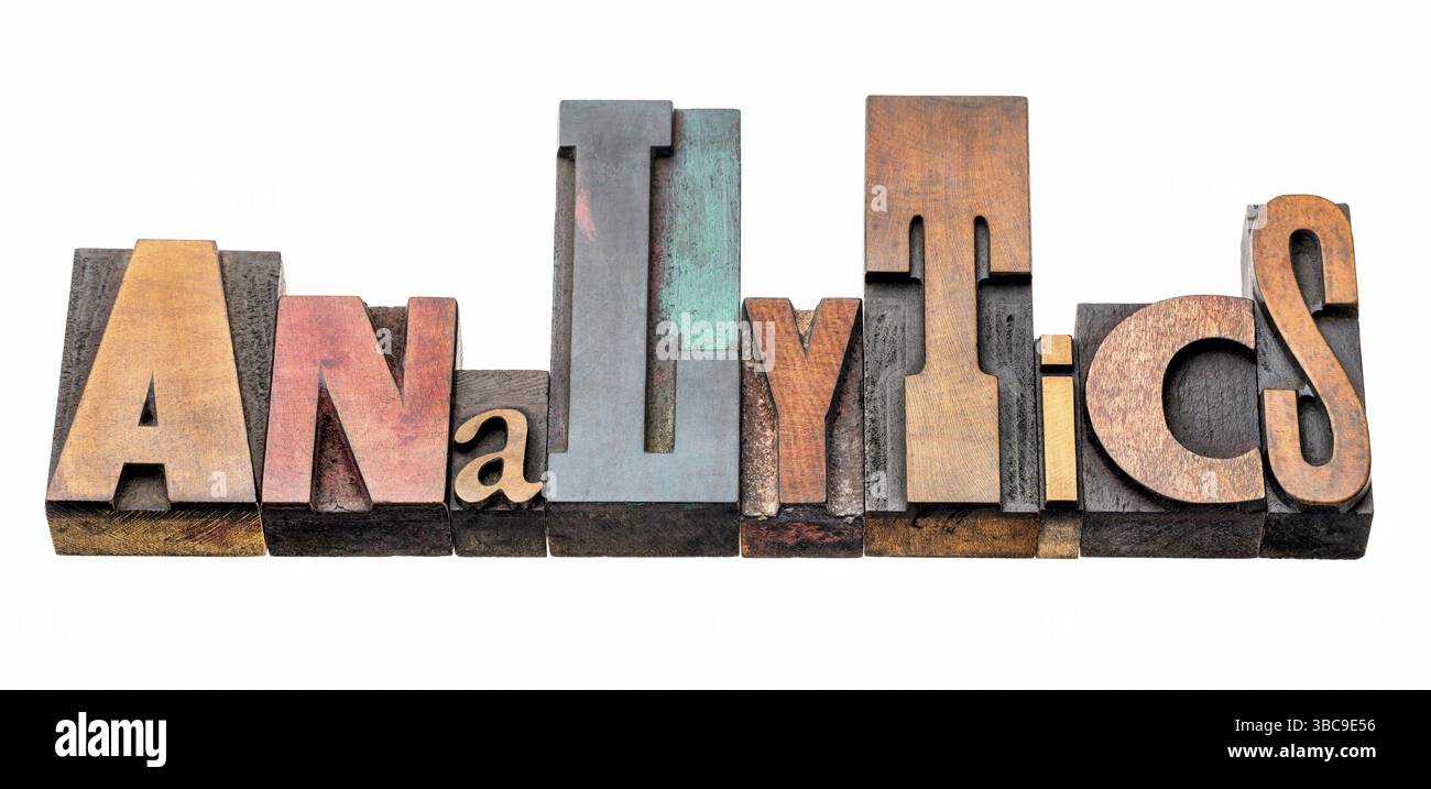 Analytics word - isolated text in vintage letterpress wood type stained ...