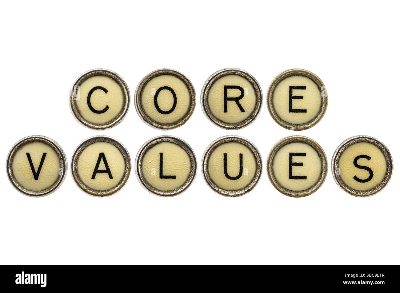 Core values text in old round typewriter keys isolated on white Stock Photo