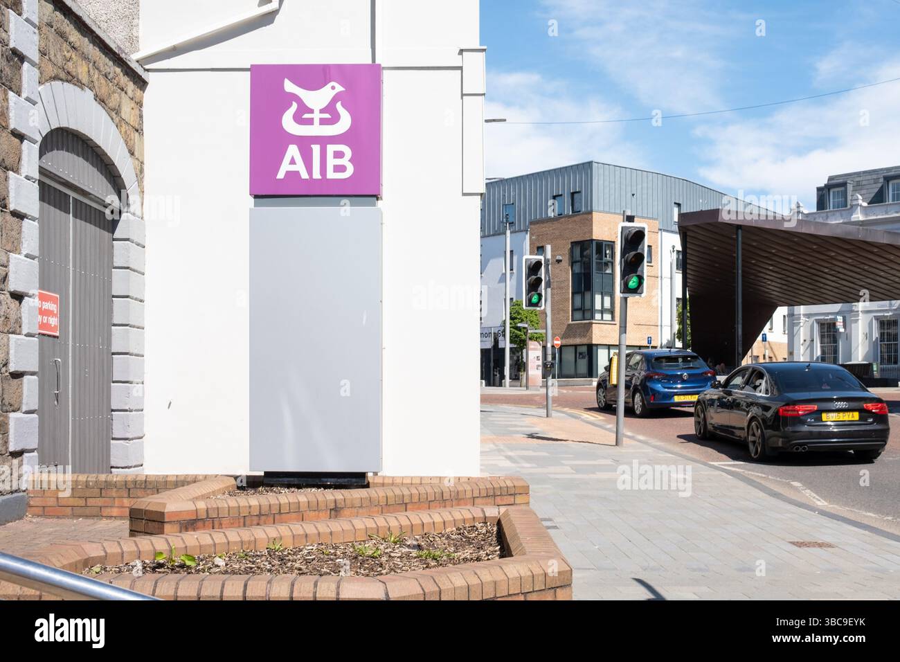 Ballymena, Northern Ireland - May 18th, 2025: Allied Irish Bank (AIB) logo, bank branch, high street banking, investment, mortgage, finance, public Stock Photo