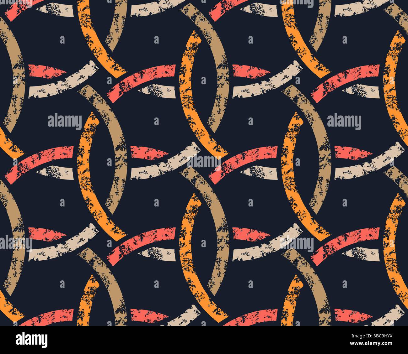 Colorful thick line interwined circles seamless pattern on dark background. Repeating black pattern. Stock Vector