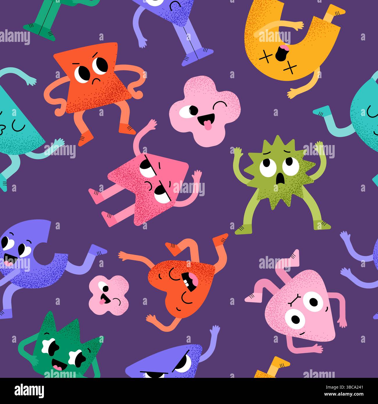 Funny emoticon pattern. geometric shapes characters with cute faces. vector seamless background Stock Vector