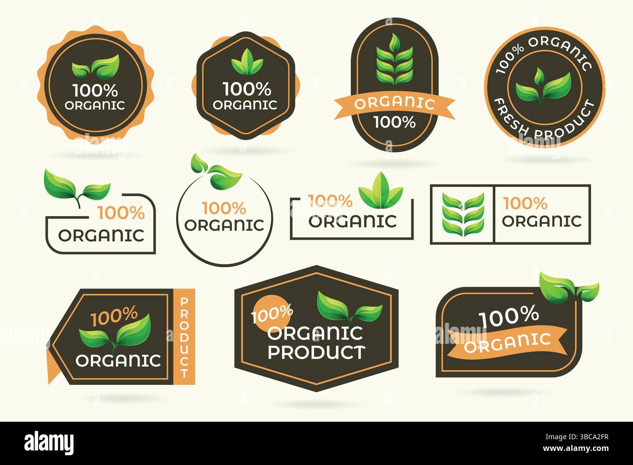 100 Percent Organic Label Vector Set. Gradient Leaf Logo Concept. Stock Vector