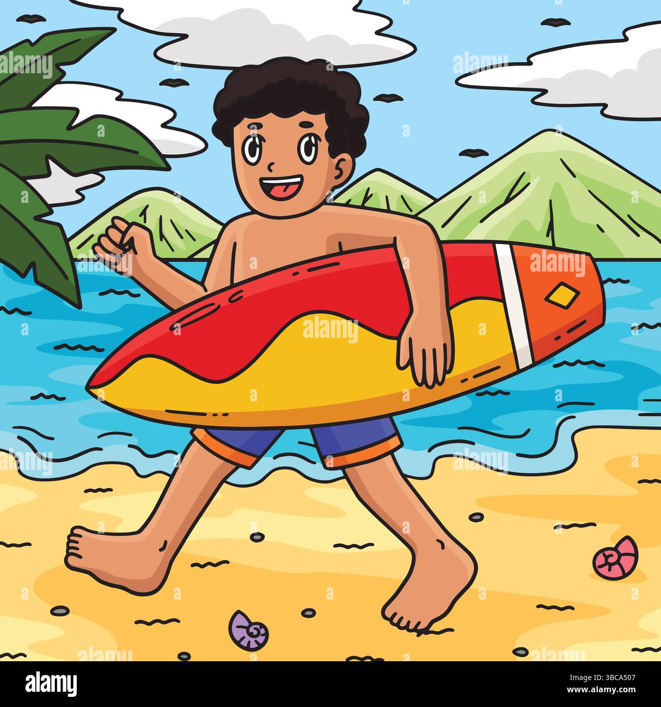 Surfing Boy Carrying a Surfboard Colored Cartoon Stock Vector Image ...