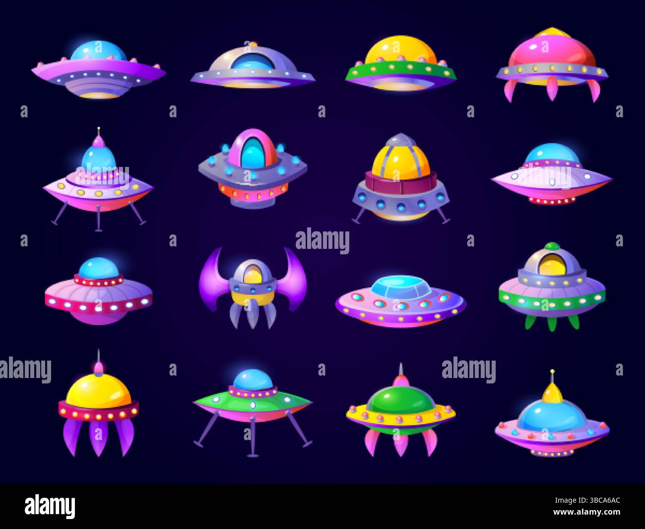 Alien spaceships. Cartoon ufo starship, game space ships futuristic design space craft ship galaxy sky cosmic shuttle flying saucer spacecraft rocket, swanky vector illustration original artwork Stock Vector