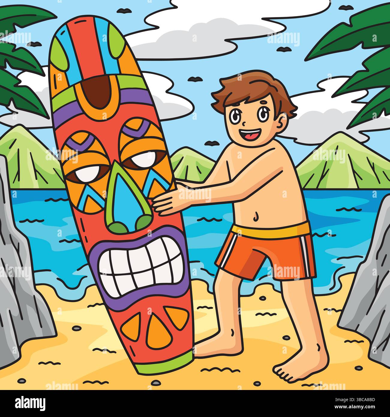 Surfing Boy with a Tiki Surfboard Colored Cartoon Stock Vector Image ...