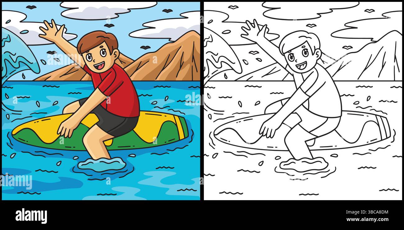 Surfing Boy Sitting on a Surfboard Illustration Stock Vector Image ...