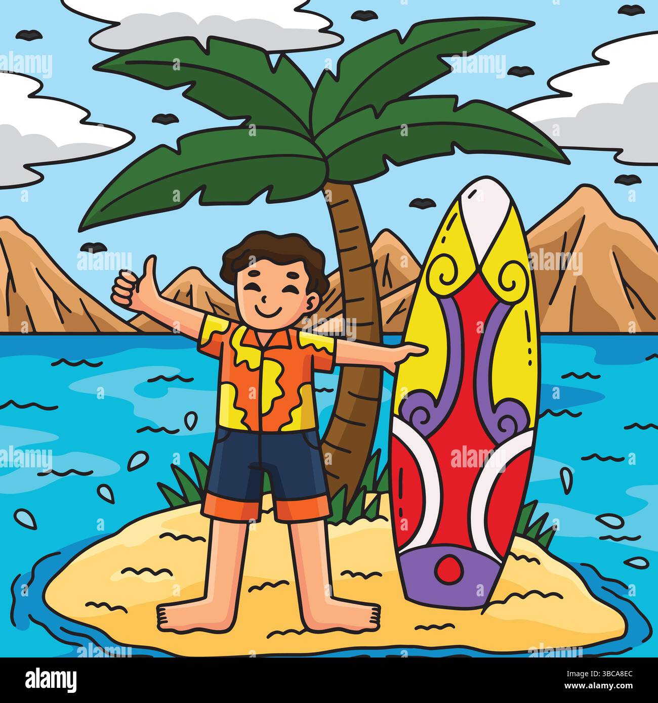 Surfing Boy with a Surfboard and Palm Tree Colored Stock Vector Image ...