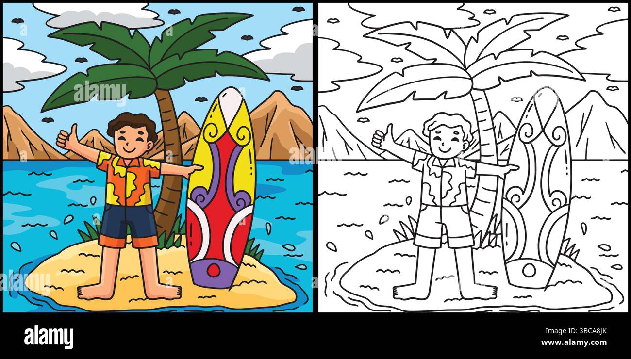 Surfing Boy Surfboard and Palm Tree Illustration Stock Vector Image ...
