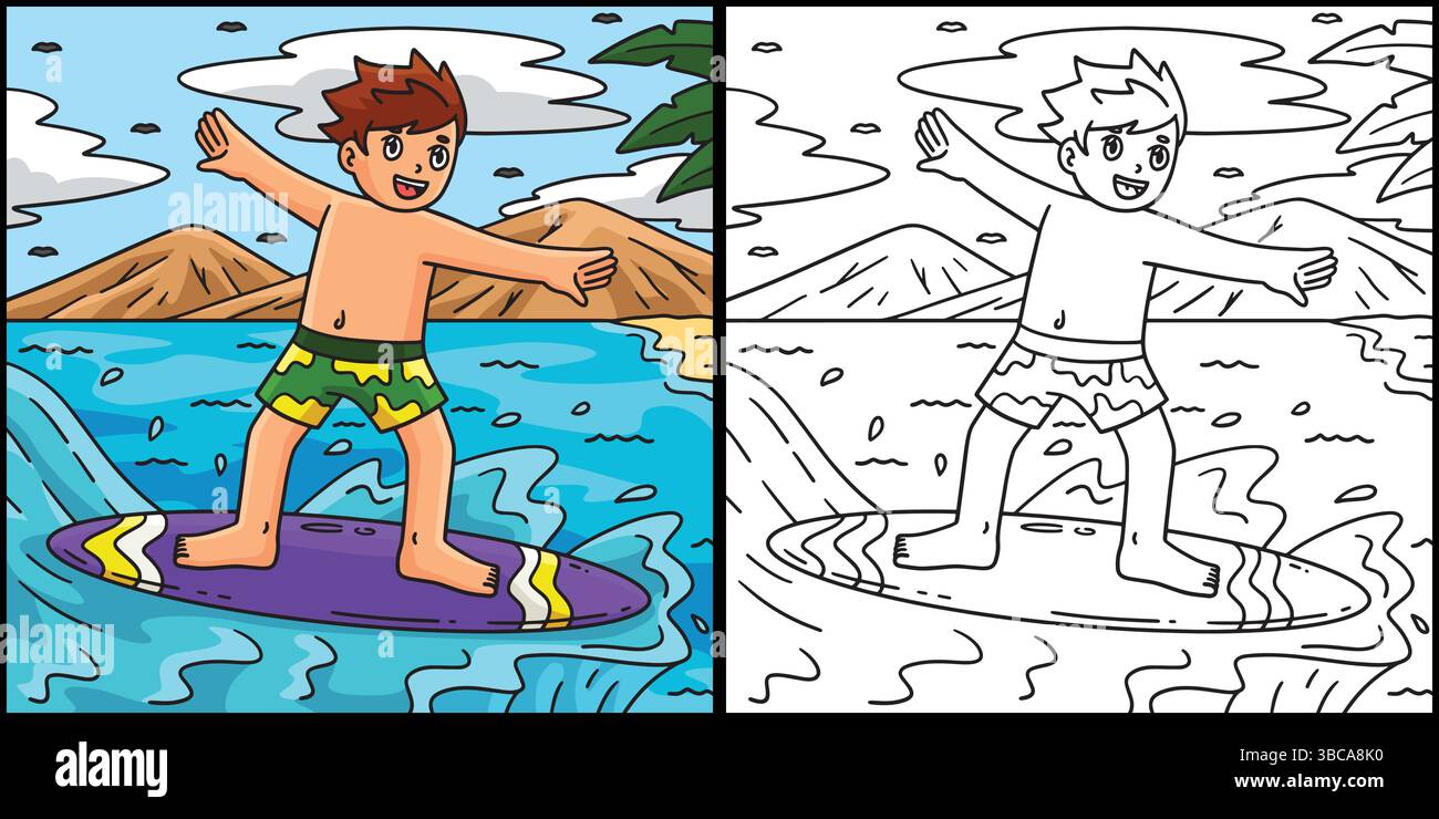 Surfing Boy Coloring Page Colored Illustration Stock Vector Image & Art ...