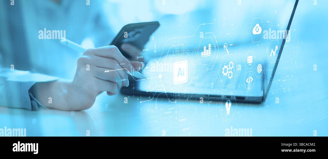 Artificial Intelligence and Digital Data Processing Deep Learning Neural Network. Stock Photo