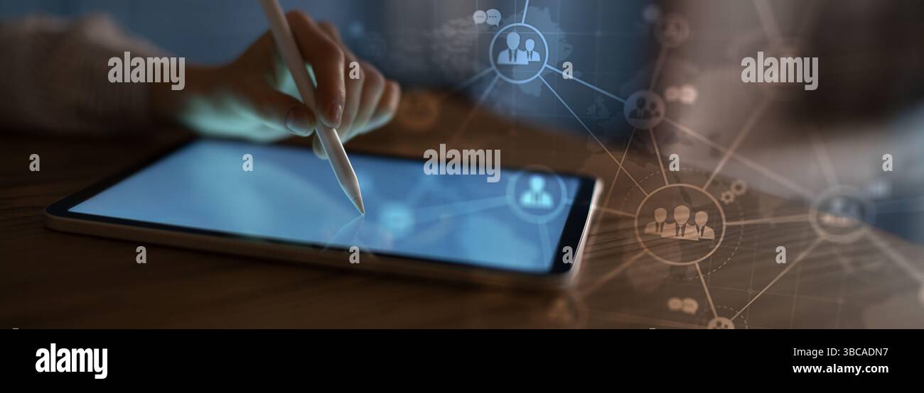 Global Business Networking and Communication Visualized on a Futuristic Digital Interface. Stock Photo