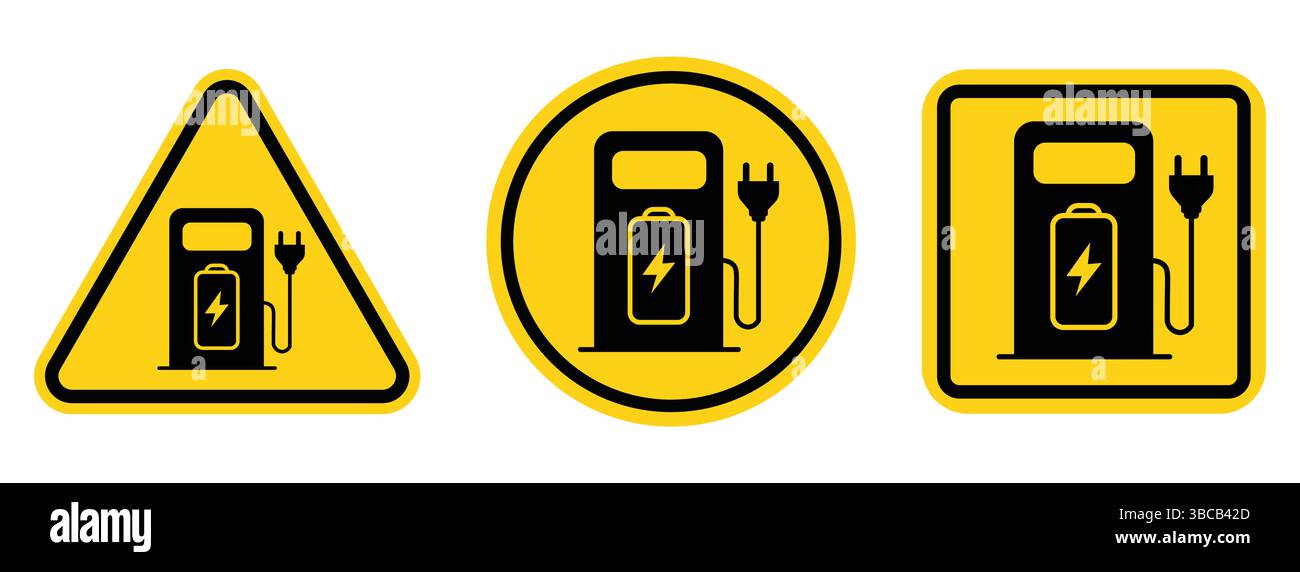 Electric car charging station sign, logo, symbol. Electric car with plug icon symbol, EV car, Green hybrid vehicles charging point logotype Stock Vector