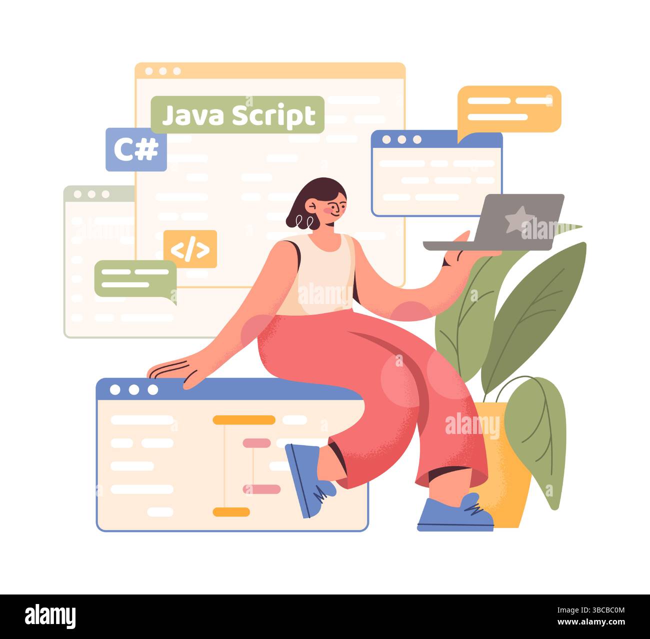 PC work. Computer programmer character. Browser windows. Web software. Programming script. Developer sitting on website cyber frame with laptop. Netwo Stock Vector