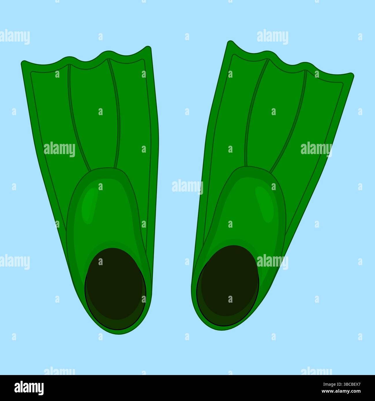 Summer vector illustration of green swim fins or flippers on blue background. Diving and snorkeling equipment for underwater exploration. For summerti Stock Vector