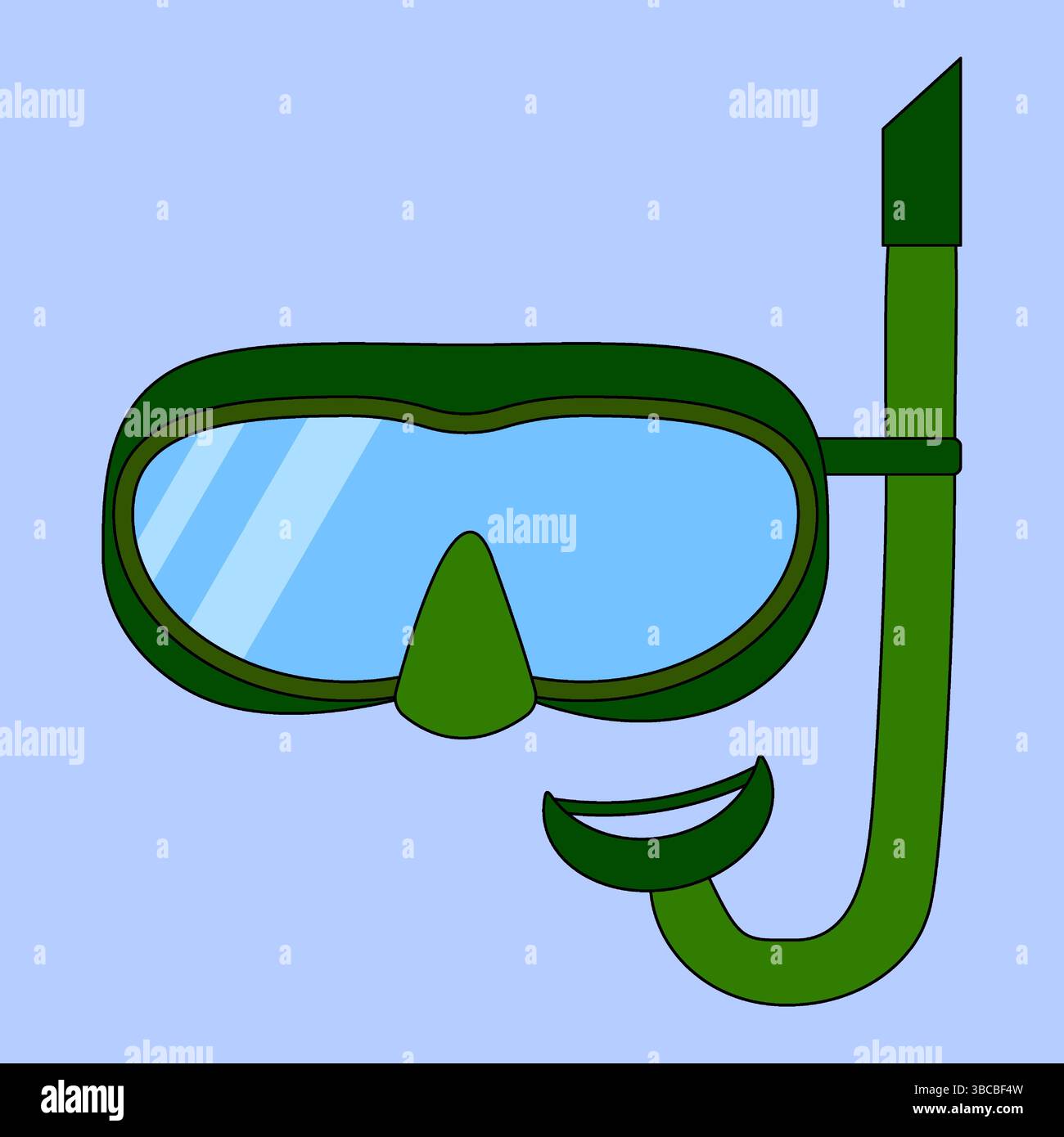 Illustration of green snorkel and diving mask on blue background. Snorkeling gear vector for summer and underwater activities. For summertime, maritim Stock Vector