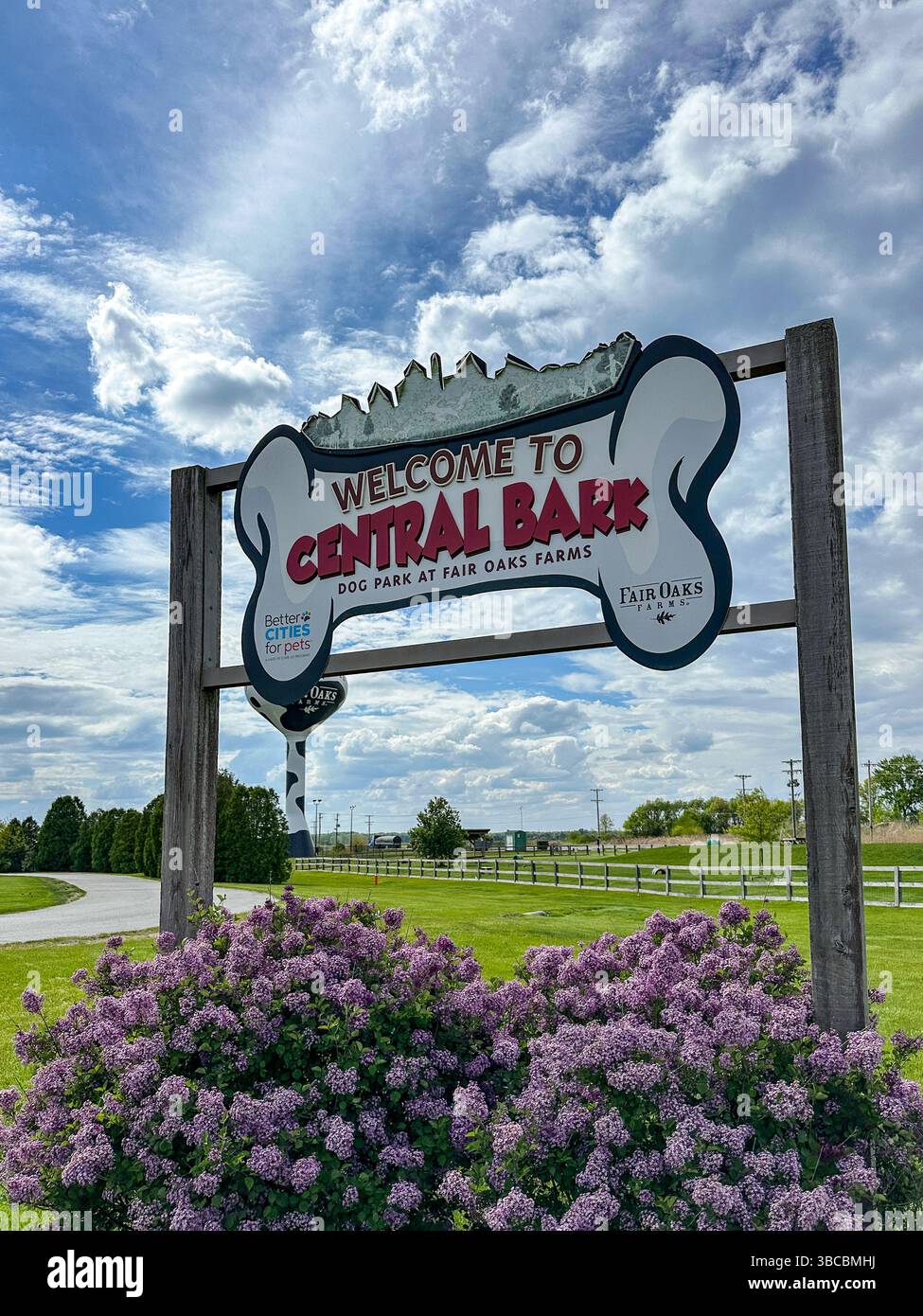 Welcome to Central Bark dog park sign. Fair Oaks, IN USA May 12, 2025 - Smartphone Captured Stock Image
