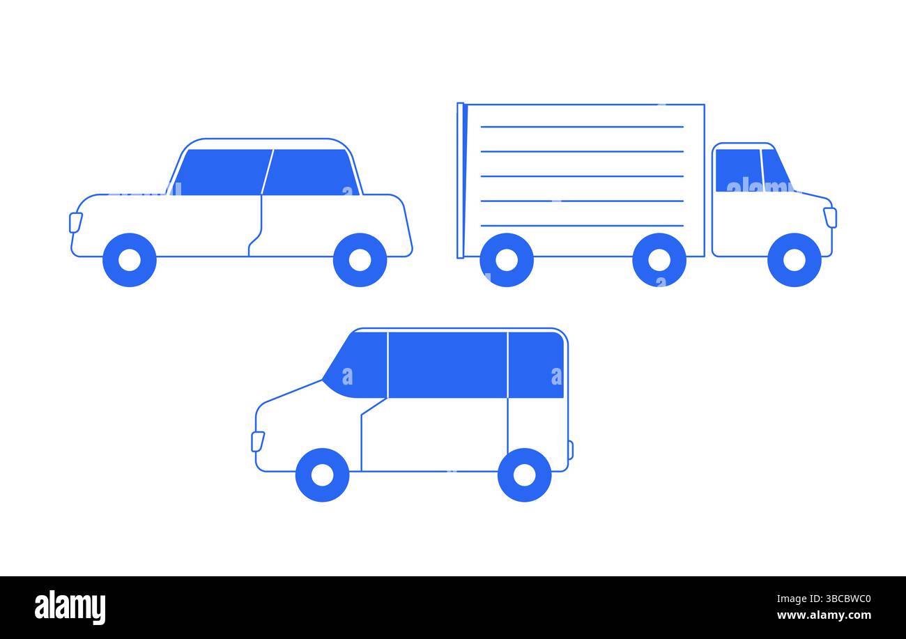Three vehicles side view 2D line objects set Stock Vector