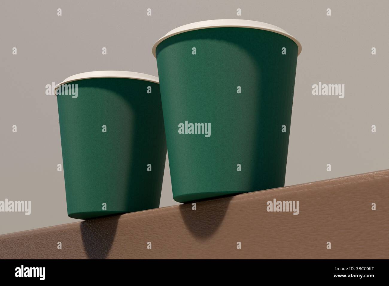 Two green paper coffee cups sit on a surface. Mockup 3d rendering Stock Photo