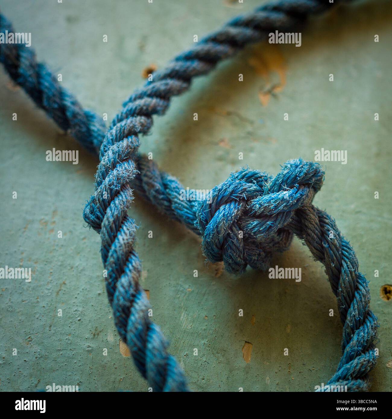 A close-up view reveals an intricately tied blue rope knot resting on a ...