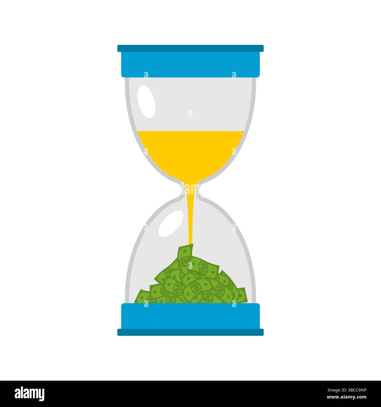 Hourglass with money. Glass hourglass and cash. Concept - time is money. Stock Vector