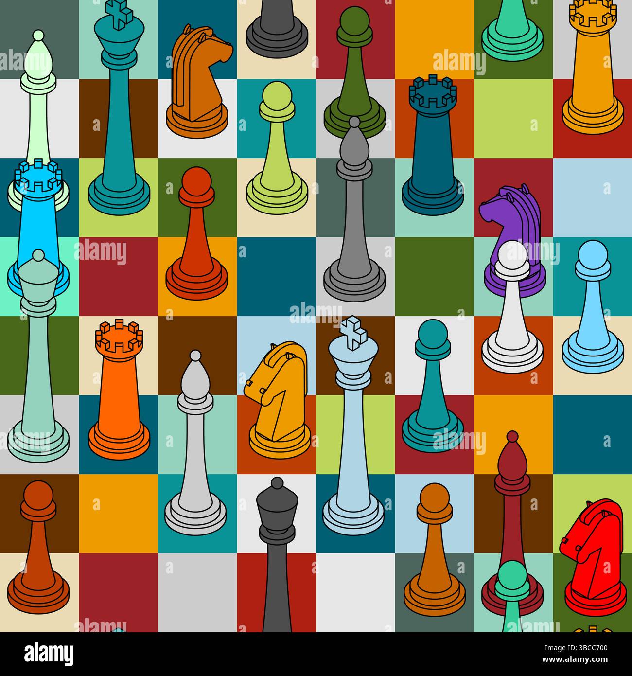 Chess color pattern seamless. chess pieces set background Stock Vector