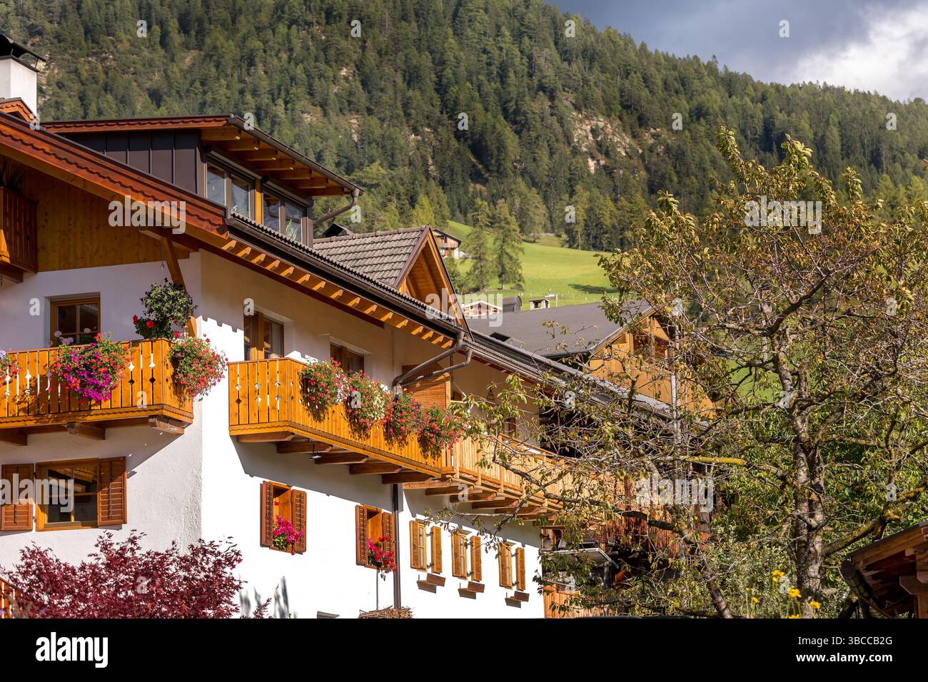 Exterior of a typical Alpine chalet with wooden balconies in Italy ...
