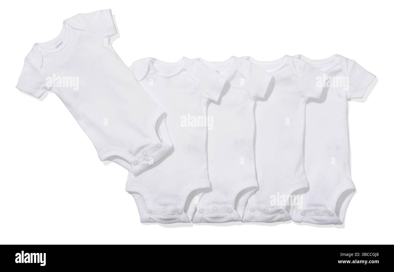 5 baby onesies photographed on a white background Stock Photo