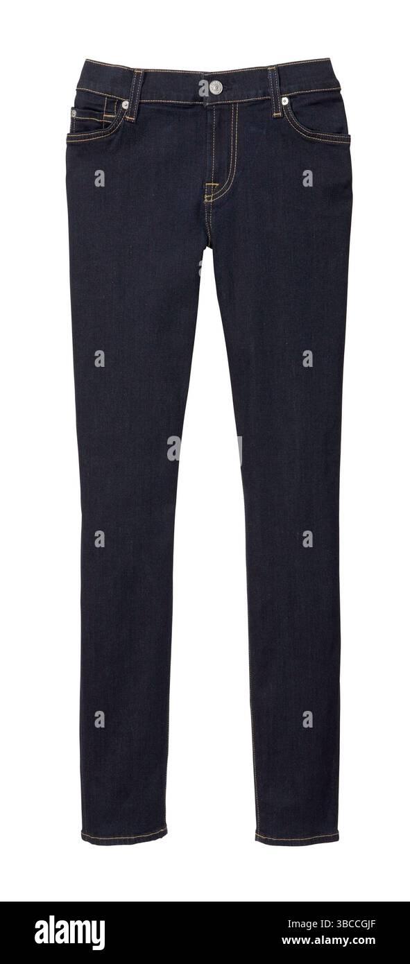 7 for all mankind skinny dark blue jeans photographed on a white background Stock Photo