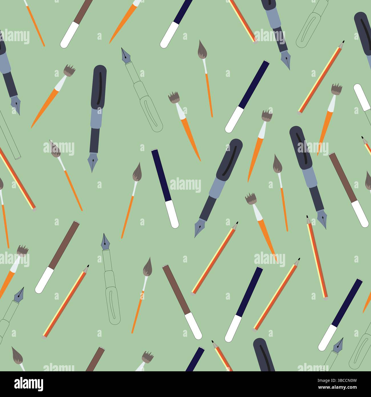 Seamless pattern with writing tools; brush, pen and fountain pen continuous pattern Stock Vector