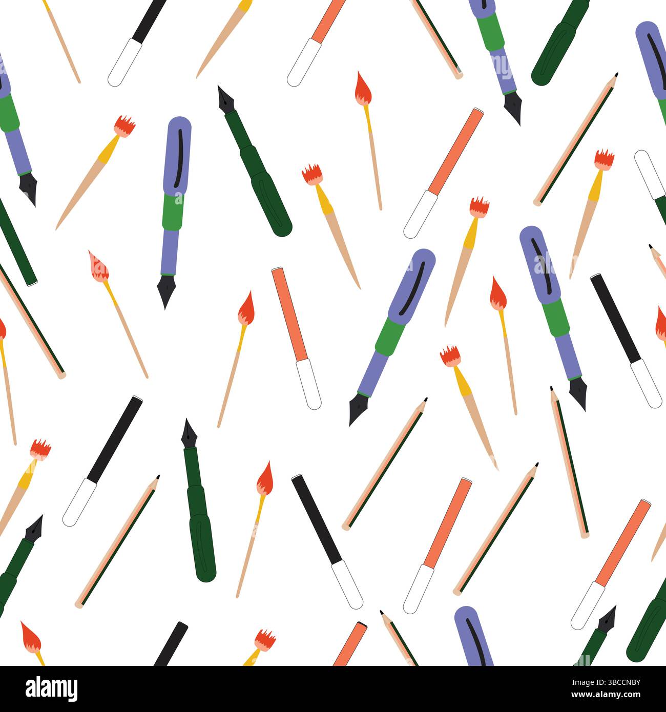 Seamless pattern with objects used to write; brush, pen and fountain pen continuous pattern Stock Vector