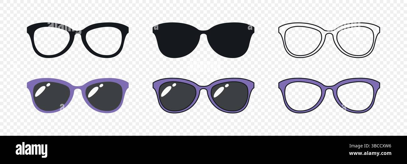 Vector Glasses Icon Set. Cutout Silhouette, Outline Icon, Flat Color ...