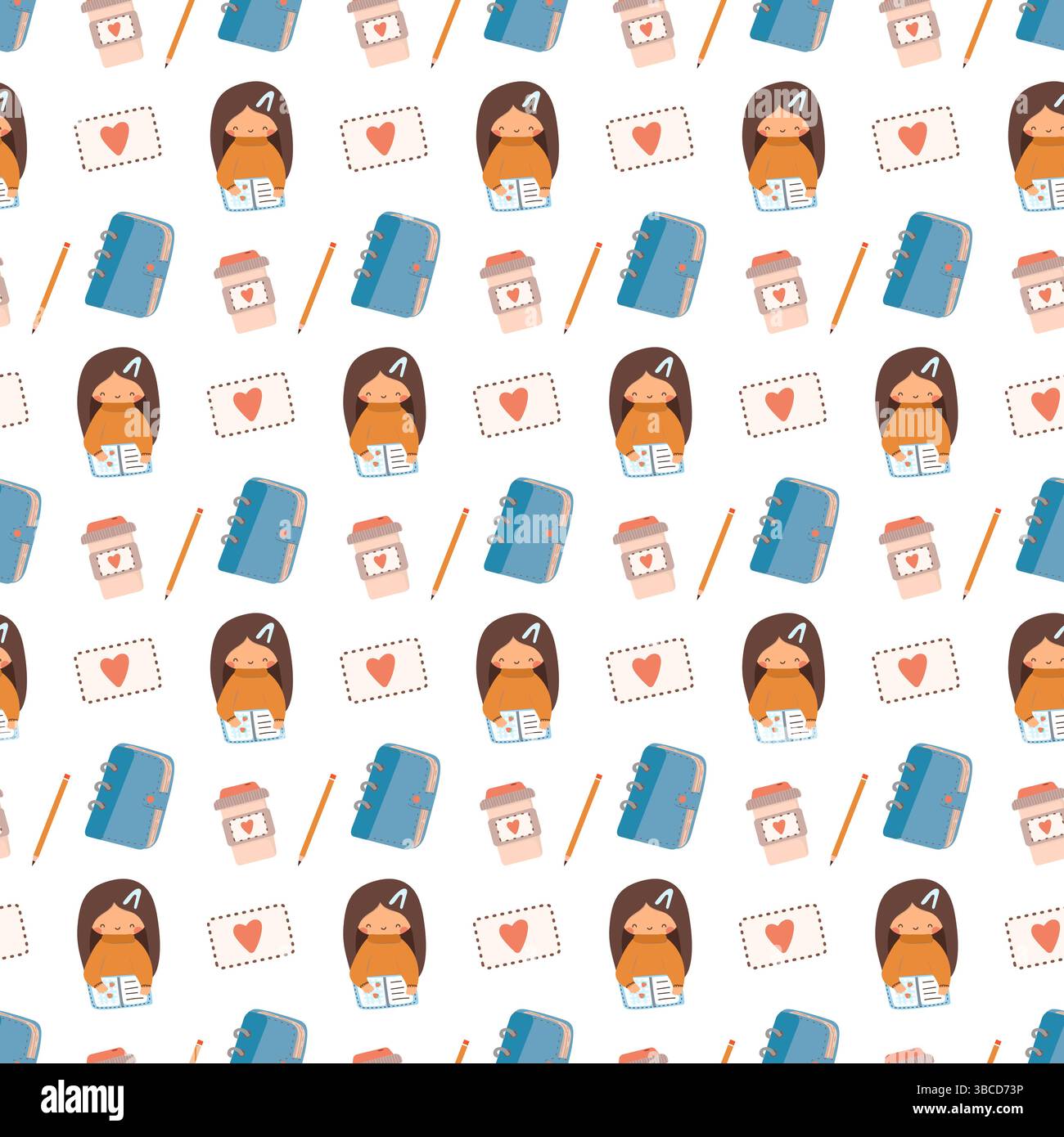 Journaling seamless pattern. Girl writing to the notebook, cup of coffee and pencil. Stock Vector