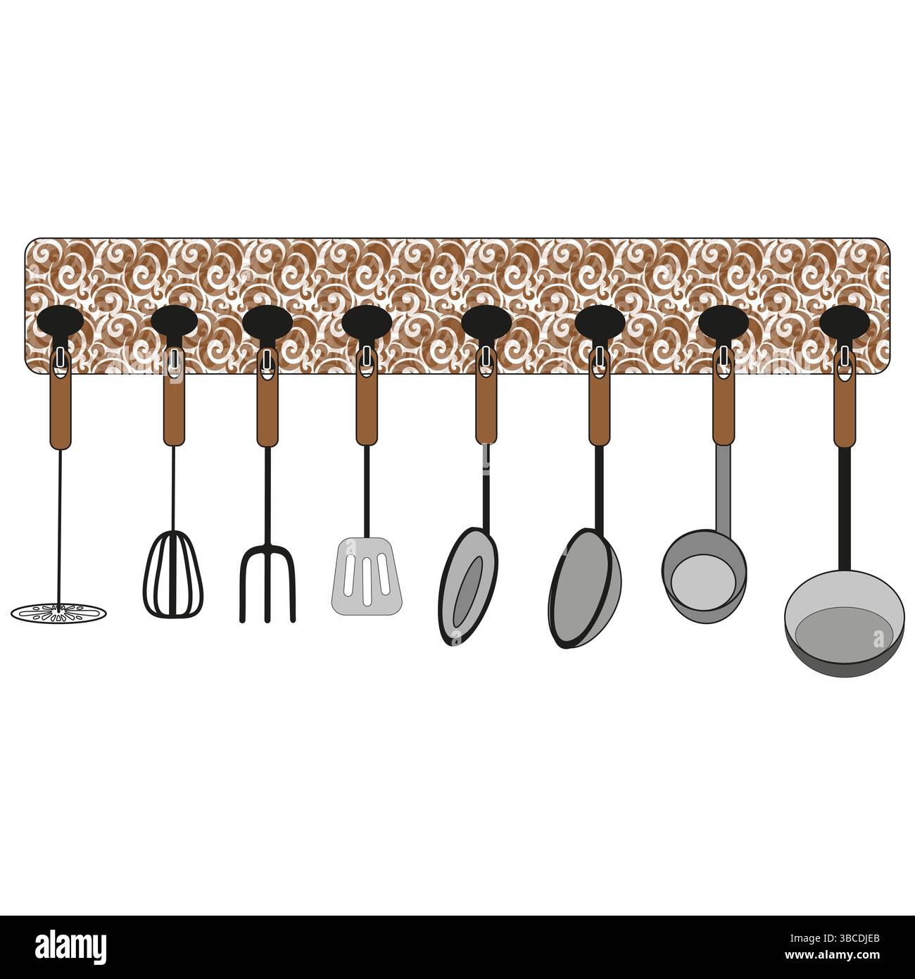 Kitchen tools hanging. Patterned wall mount. Full utensil set. Colored vintage feel. Stock Vector