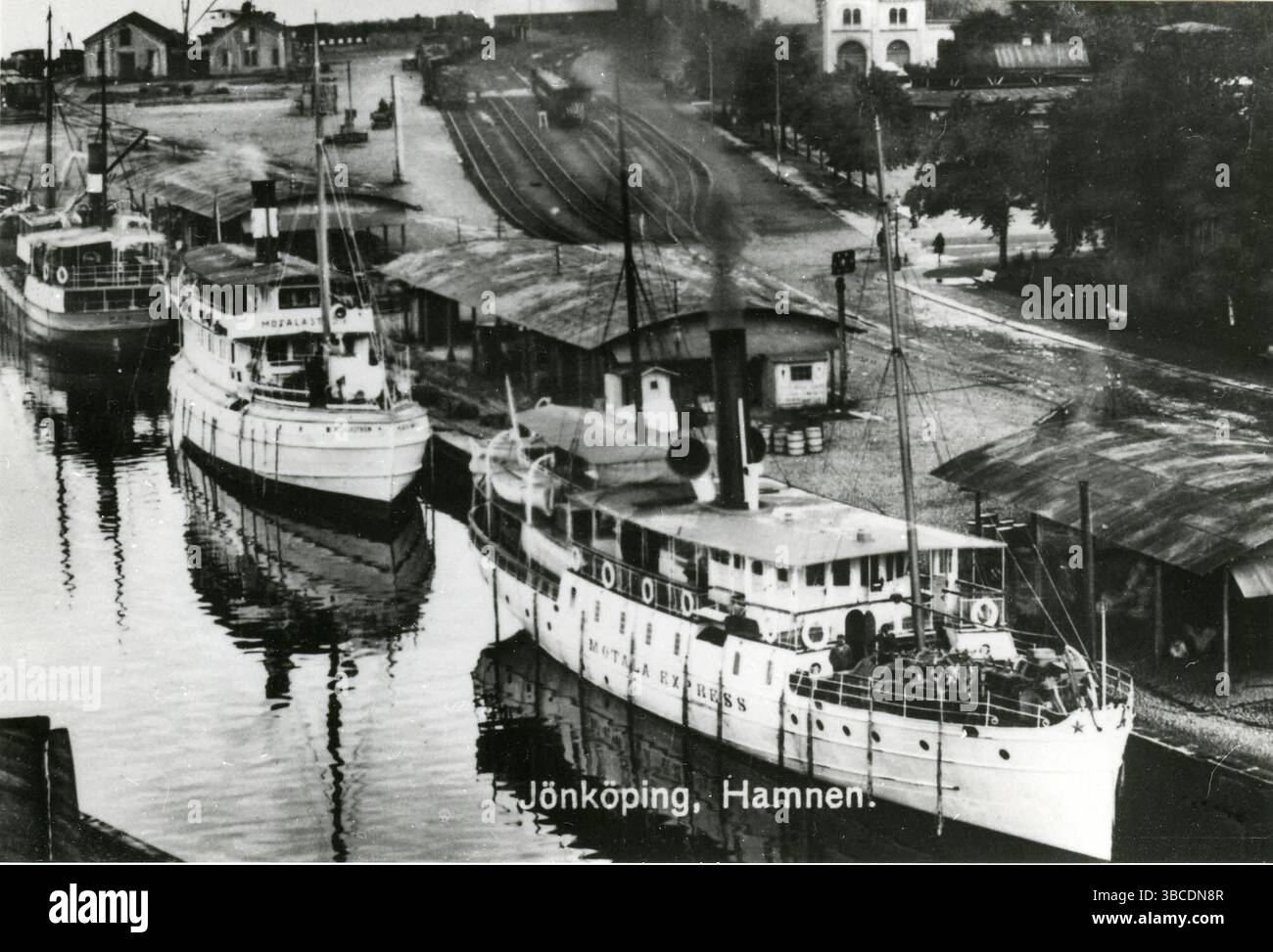 The passenger steamship Motala Express and others lying in the port of Jönköping. Sweden 1915.  Vintage Archive Photograph Stock Photo
