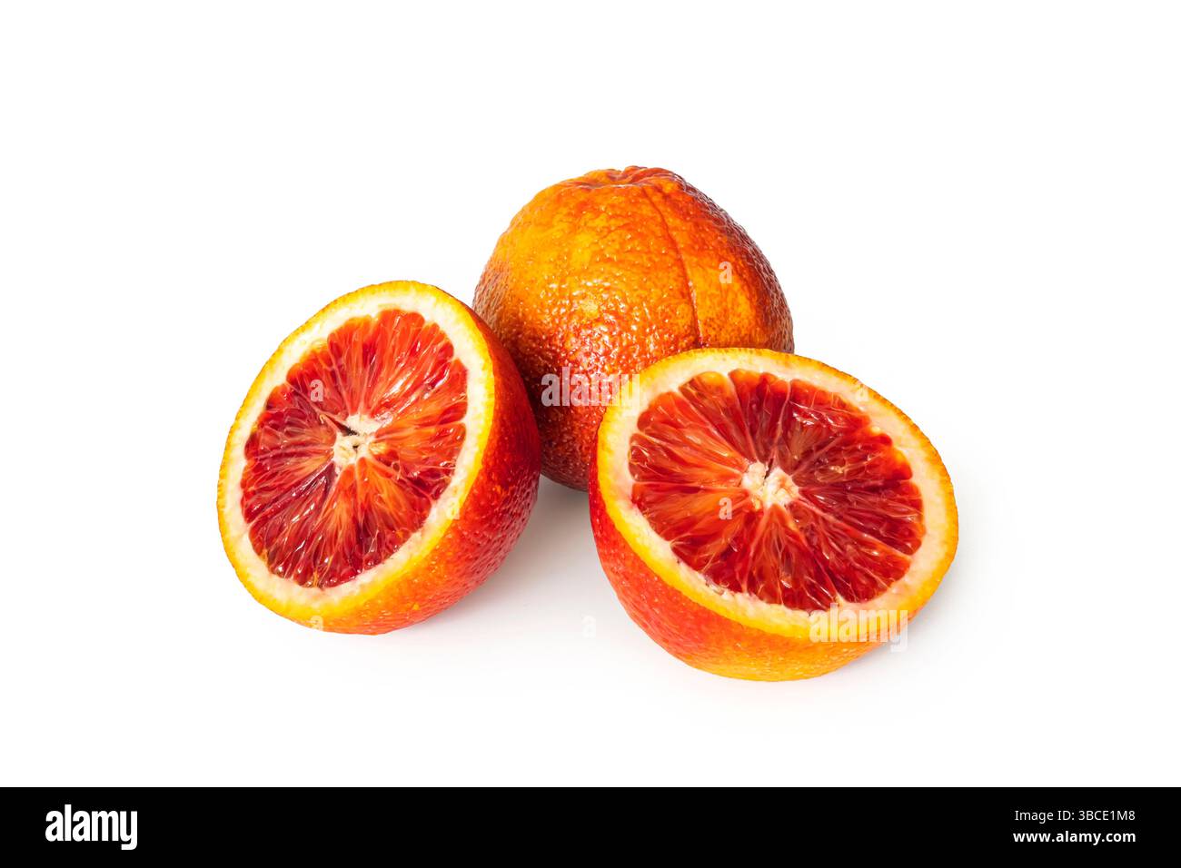 Half of blood red orange citrus fruit isolated on white background. red orange half Stock Photo