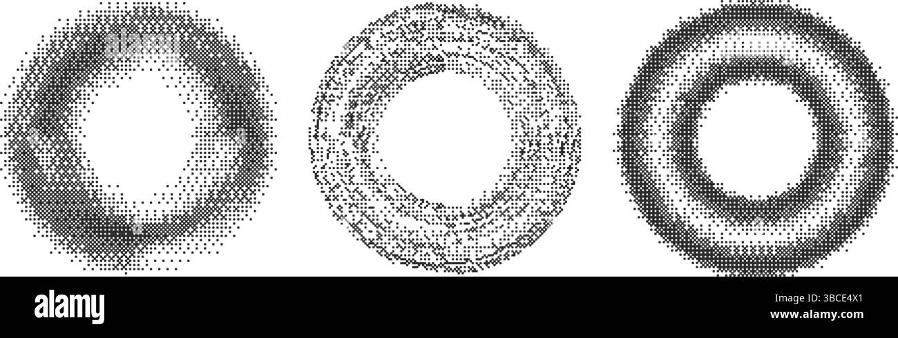 Bitmap pixel arcade game effect. Circles frames with bit pattern texture. Round y2k halftone elements on white background. Vector aesthetic set with Stock Vector
